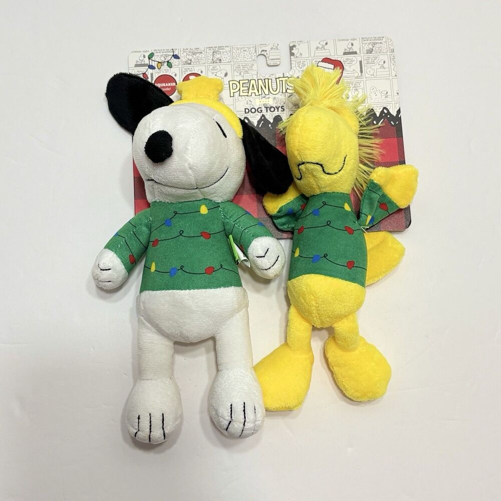 Peanuts 2 Pack Dog Toys Snoopy & Woodstock Christmas Plush Squeaky New